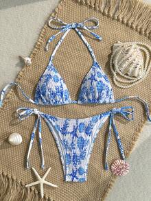 Swim Mod 女士泳装套装，蓝白海星印花，海滩度假泳池派对游轮休闲挂脖系带比基尼两件套泳衣 - 藍白色 - 查看 2