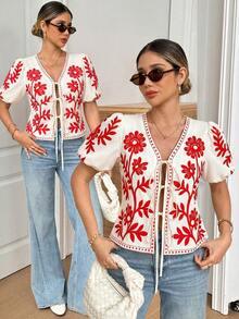 Elyressa Women's Red Locating Floral Print V-Neck Asymmetrical Front Tie Decor Puff Sleeve Loose Blouse - Multicolor - View 4