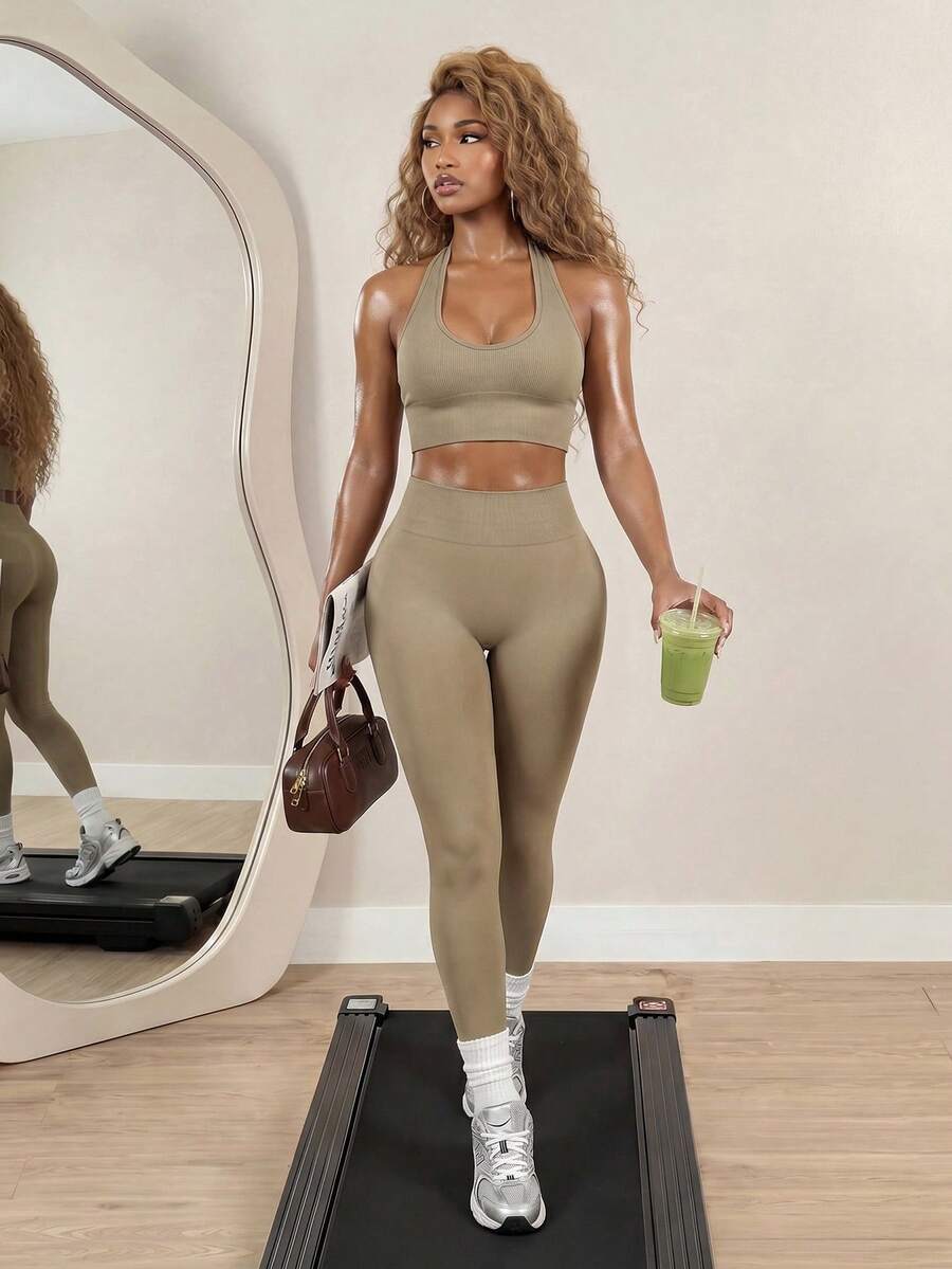 BamGleam Women's Solid Color Minimalist Halter Top And Pants Sports Suit Workout Sets - Khaki - View 1