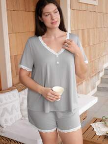 Doze Lane Plus Size Casual Ribbed Faux Placket Lace Button Decor Short Sleeve Shorts Pajama Set - Grey - View 6