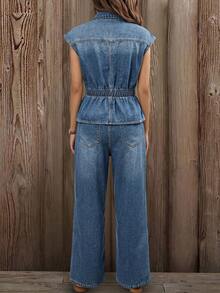 EMERY ROSE EMERY ROSE Conjunto Casual de Denim Feminino com Top de Manga Curta com Botões na Frente e Calça Longa com Bolso Diagonal - Azul - Visão 3