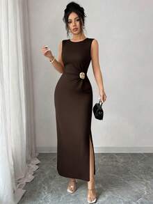 SHEIN Raffinéa Women's Solid Color Metal Decor Ruched Elegant Waist Party Dress - Brown - View 4