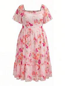 SHEIN CURVE+ Đầm cỡ lớn CURVE PLUS /Ngày Valentine/Đầm mùa hè cỡ lớn dành cho nữ, họa tiết hoa xanh trắng cổ điển, tay bồng, eo chun, thanh lịch, lãng mạn, thích hợp cho các dịp lễ hội và hẹn hò, đầm đi biển, đầm mùa hè, trang phục ngày lễ phong cách Boho - Hồng - Xem 3
