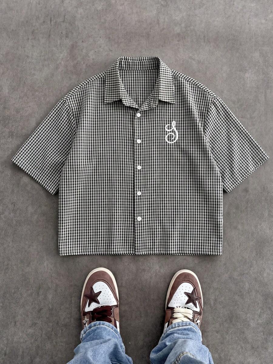 SWAVVY Chemise décontractée à manches courtes avec boutons et imprimé à carreaux brodé pour hommes - Noir et Blanc - Voir 1