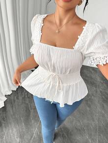 Elenzga Camisa ajustada con cuello de volantes y patchwork estilo francés - Albaricoque - Ver 5