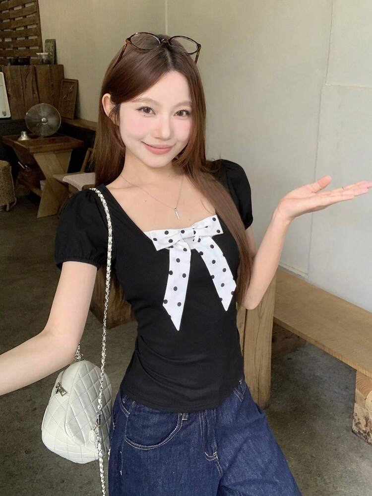 Women's Summer Colorblock Polka Dot Patchwork Short Sleeve Fitted Casual T-Shirt