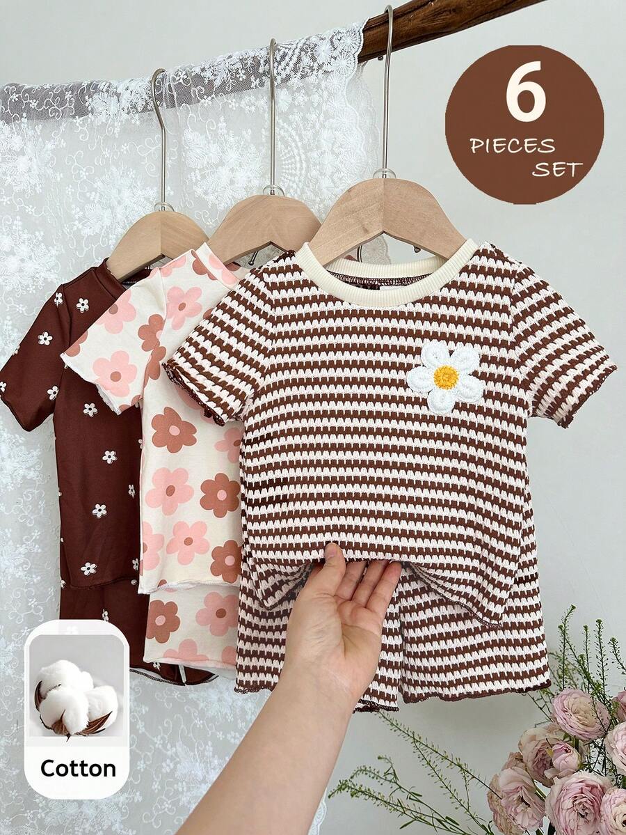 SHEIN 6pcs Baby Girl Knit Floral Striped Round Neck Casual T-Shirt And Shorts Set - Multicolor - View 1