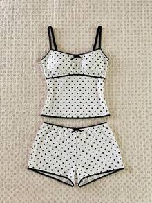 SHEIN PETITE Bộ đồ 2 món dành cho nữ mùa xuân/hè: áo hai dây ren chấm bi trắng lãng mạn và quần short ren mềm mại thoải mái. - trắng - Xem 1