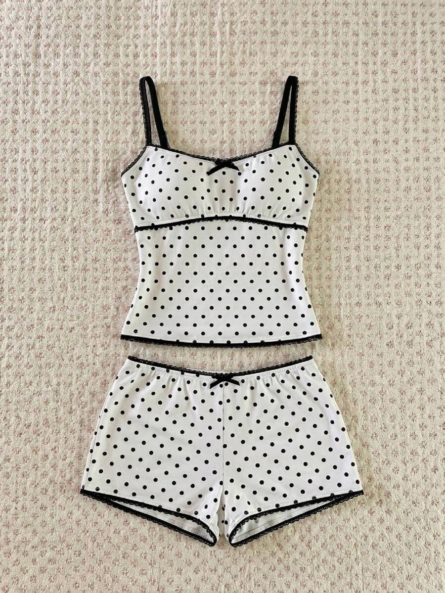 SHEIN PETITE Bộ đồ 2 món dành cho nữ mùa xuân/hè: áo hai dây ren chấm bi trắng lãng mạn và quần short ren mềm mại thoải mái. - trắng - Xem 1