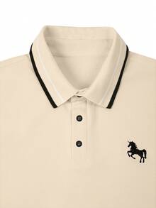 Calvornis Men's Jacquard Collar Embroidered Short Sleeve Casual Polo Shirt, Formal - Apricot - View 6