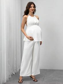 Momance 2pcs Maternity Solid Color Waist Tie Halter Top And Pants Set, Comfortable Photoshoot White Summer Elegant Maternity - Apricot - View 3