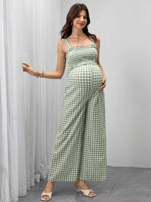 SHEIN Bộ áo liền quần không tay in họa tiết kẻ caro, có chức năng cho con bú, thích hợp cho bà bầu và kỳ nghỉ hè. - màu xanh lá - Xem 4