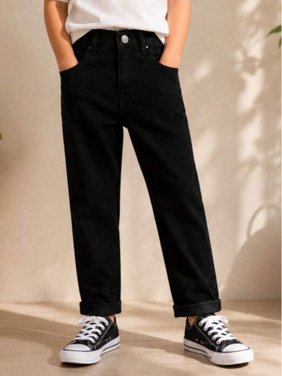 Boys High Rise Jeans With Tight Narrow Straight Cut - Black - View 1