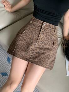 FRIFUL 女士豹纹纽扣休闲百搭约会外出牛仔迷你裙 - 棕色 - 查看 5