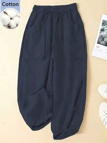 Linhara Plus Size Casual Solid Color Jogger Pants - Navy Blue - View 1