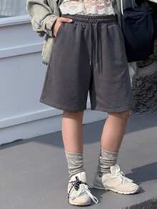 Dazy Kids Tween Girls' Solid Color Drawstring Waist Casual Versatile Daily Wear Shorts Summer - Dark Grey - View 4