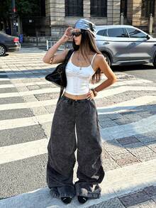 Coolane Pantalones tipo paracaídas con pierna ancha y tiro bajo lavados, ropa de vuelta al colegio para mujer - Gris Oscuro - Ver 4