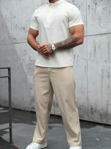 Manfinity Homme Conjunto de camisa y pantalones de ajuste holgado minimalista con medio botón para hombre, de verano, atuendo cómodo - Multicolor - Ver 4