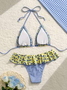 Swim Mod 2件組女款夏季海灘度假泳衣，隨機黑白波點印花掛脖露背繫帶比基尼上衣與荷葉邊泳褲 - 彩色 - 查看 2