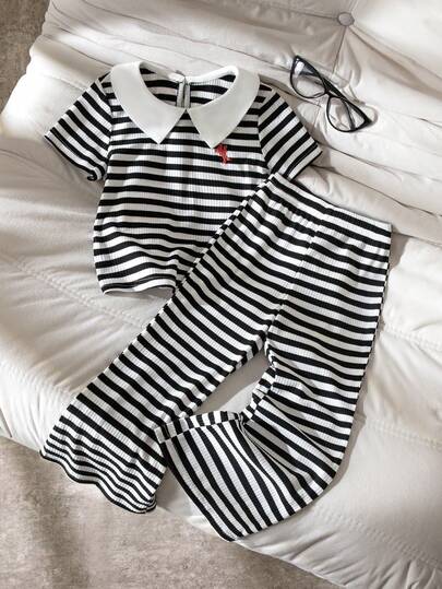 SHEIN 2pcs/Set Young Girl Striped Collar Casual T-Shirt And Flare Pants Suit