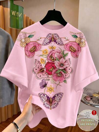 Tween Girls' Casual Floral & Butterfly Embroidery Graphic Round Neck Short Sleeve T-Shirt