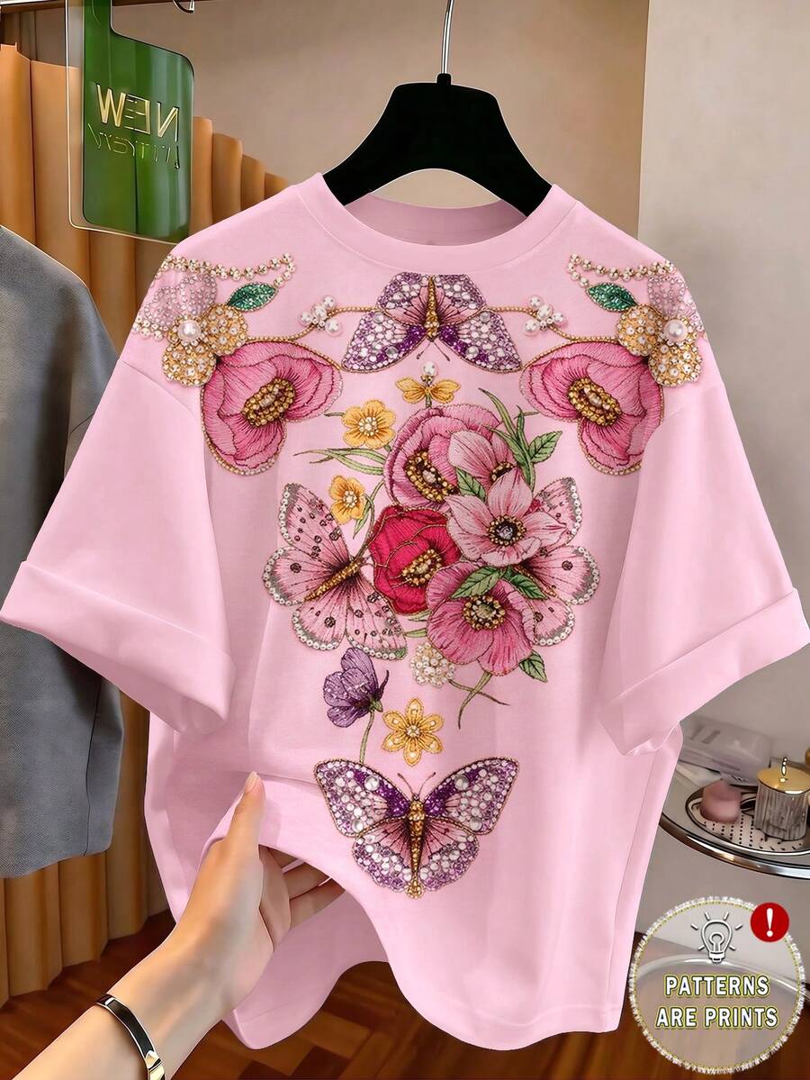 Tween Girls' Casual Floral & Butterfly Embroidery Graphic Round Neck Short Sleeve T-Shirt - Multicolor - View 1
