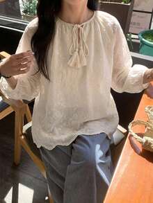 FRIFUL Blusa blanca bordada con cuello de lazo y volantes, estilo Mori Girl para primavera/verano - Beis - Ver 3