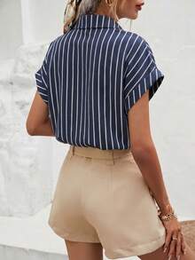 SHEIN Frenchy Áo kiểu nữ, phong cách retro thanh lịch, đa năng, màu xanh navy ấm áp với họa tiết sọc trắng, thích hợp mặc đi biển, đi nghỉ mát, mùa hè. - Nhiều màu - Xem 2