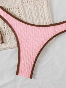 Bellisia Women's Textured Colorblock Tie Strap Bikini Set With Triangle Top And Bottom - Baby Pink - View 5