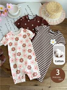 SHEIN Bộ 3 món áo liền quần dệt kim họa tiết hoa dễ thương cho bé gái, kiểu dáng thường ngày. - Nhiều màu - Xem 4