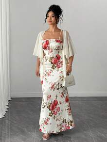 SHEIN Clasi Plus Size Women Square Collar Bow Chiffon Blouse Printed Fishtail Hem Dress Set Wedding Mother Of The Bride Formal Beige White Summer Elegant - Apricot - View 7