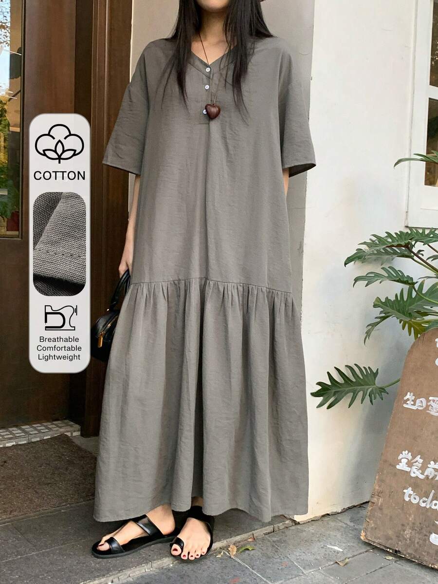 DAZY Women's Solid Color V-Neck Button Design Ruffle Hem Casual Sexy Dress Sun Dresses Summer Golf Pastal - Black - View 1
