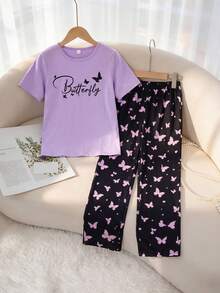 Set de 2 piezas de pijama informal para niña preadolescente con parte superior de manga corta con cuello redondo y estampado de mariposas en color morado, y pantalones holgados de punto suelto - Morado - Ver 7