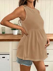 SHEIN Maternity Solid Color Round Neck Ruffle Hem Casual Maternity Tank Top Photoshoot Summer - Khaki - View 4