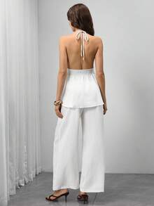 Momance 2pcs Maternity Solid Color Waist Tie Halter Top And Pants Set, Comfortable Photoshoot White Summer Elegant Maternity - Apricot - View 2