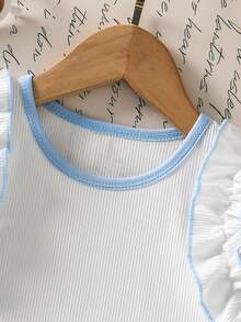2pcs/Set Young Girls Ribbed Knit Frill Trim Vest Top & Straight Leg Pants, Casual Summer Children Outfit - Blue - View 6