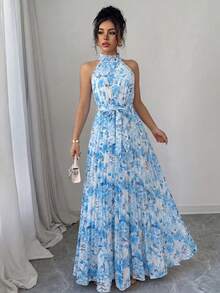 SHEIN Elenzya Ditsy Floral Ruffle Collar Pleated Waist A-Line Elegant Romantic Dress For Women, Suitable For Vacation - Multicolor - View 4
