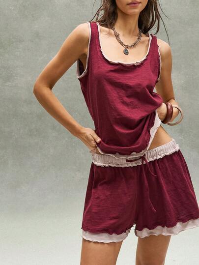 Bohemela Women's Versatile Contrast Color Tank Top And Drawstring Waist Shorts 2 Pieces Set