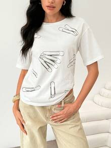 BiGraphic Women's White Summer Safety Pin Printed Casual Loose T-Shirt, Versatile For Commuting, Shopping, Afternoon Tea - White - View 4