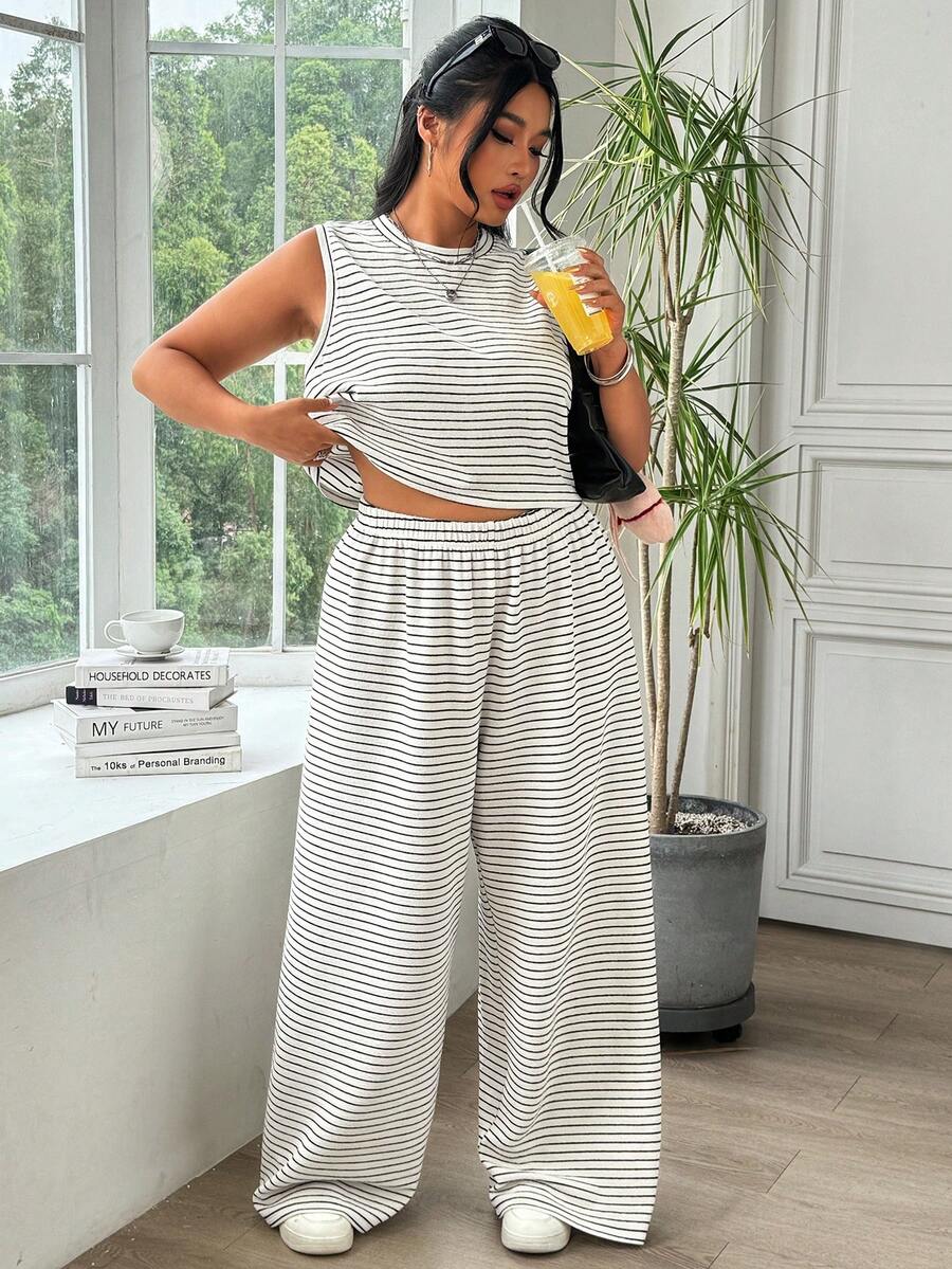SHEIN EZwear Plus Size Women 2pcs Set - Striped Minimalist Round Neck Tank Top And Casual Pants - Black and White - View 1
