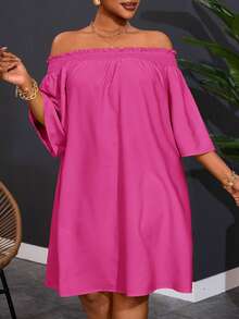 Slaydiva Vestido de línea A elegante y cómodo para uso diario y vacaciones para mujeres de talla grande con hombros descubiertos - Rosa Roja - Ver 3