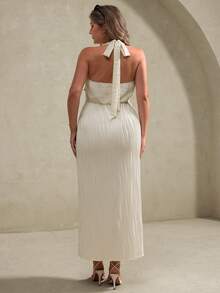 Elegantrix Vestido reto ajustado com decote halter, cintura com fenda, textura jacquard tricotada, estilo francês, praia, oceano, Plus Size, primavera/verão - Damasco - Visão 2