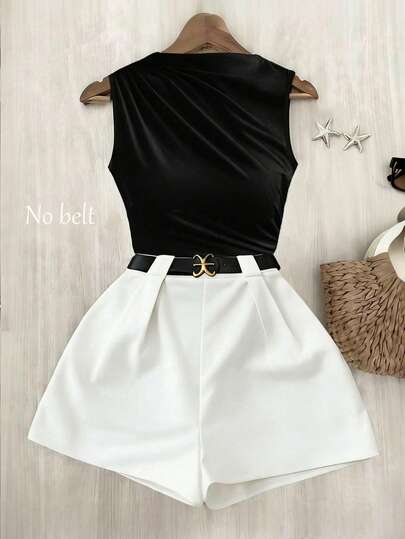 Franclia Conjunto de camiseta y pantalones cortos elásticos de cintura blanca con pliegues, de unicolor, de ajuste ceñido, casual y apropiado para ir al trabajo o de vacaciones