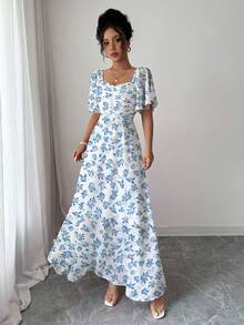 Modelyn Đầm nữ bằng vải chiffon in hoa, tay cánh dơi, eo thắt dây, kiểu Pháp ngọt ngào, duyên dáng, thích hợp cho mùa xuân/hè, chân váy xòe rộng, thanh lịch và thoải mái, chất liệu polyester, phù hợp mặc ở nhà, đi chơi, nghỉ lễ, dự tiệc. Đầm nữ mùa xuân/hè, đầm in hoa, đầm in họa tiết thực vật. Đầm trắng, đầm đi biển. - trắng - Xem 5