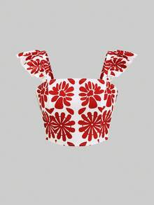 Gownix Damen romantisches, elegantes 2-teiliges Urlaubsset: Top mit Blume Muster und Flügelärmel und geraffter Midi-Rock, geeignet für den Sommer - Rot-Weiß - Übersicht 9