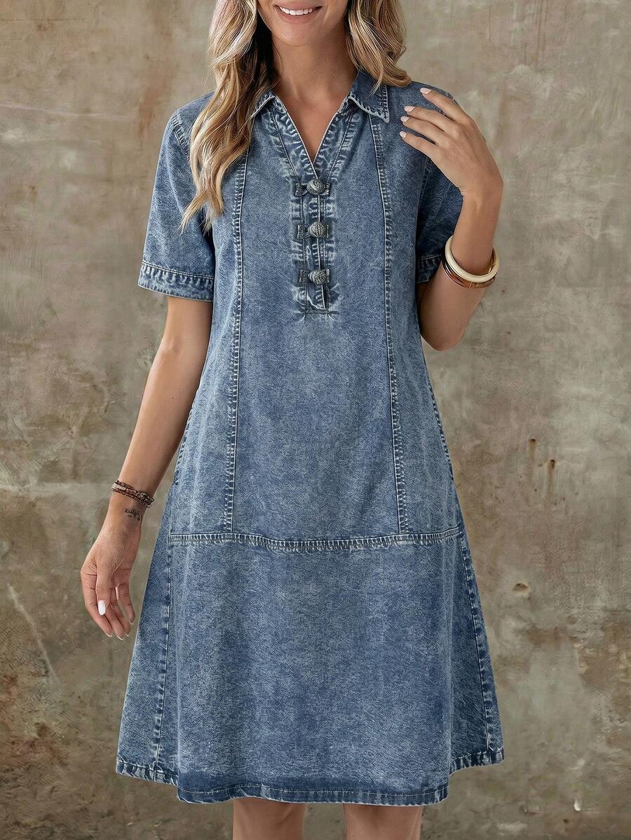 EMERY ROSE Mature Denim 女士休闲日常水洗牛仔翻领短袖连衣裙，夏季