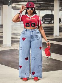 SHEIN CURVE+ Jeans rectos de talle alto con bordado de corazón para mujer de talla grande en azul claro - Lavado ligero - Ver 4