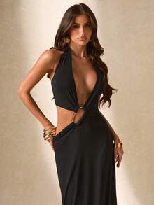 SHEIN BAE Vestido largo maxi de punto liso negro elegante para mujer, estilo años 70, con escote en V, espalda descubierta y detalles metálicos en la cintura. Ideal para fiestas, cócteles y eventos formales en la playa. - Negro - Ver 5