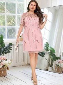 Reflora Plus Size Pink Floral Embroidery Mesh Patchwork Elegant Short Sleeve Dress,Summer Wedding Ninang Graduation Outfit For Women & Mother Party Clothes - Pink - View 7
