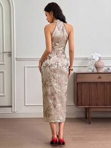 EastFlair Vestido midi elegante con cintura ceñida y estampado integral, adecuado para fiestas y reuniones - Café - Ver 6